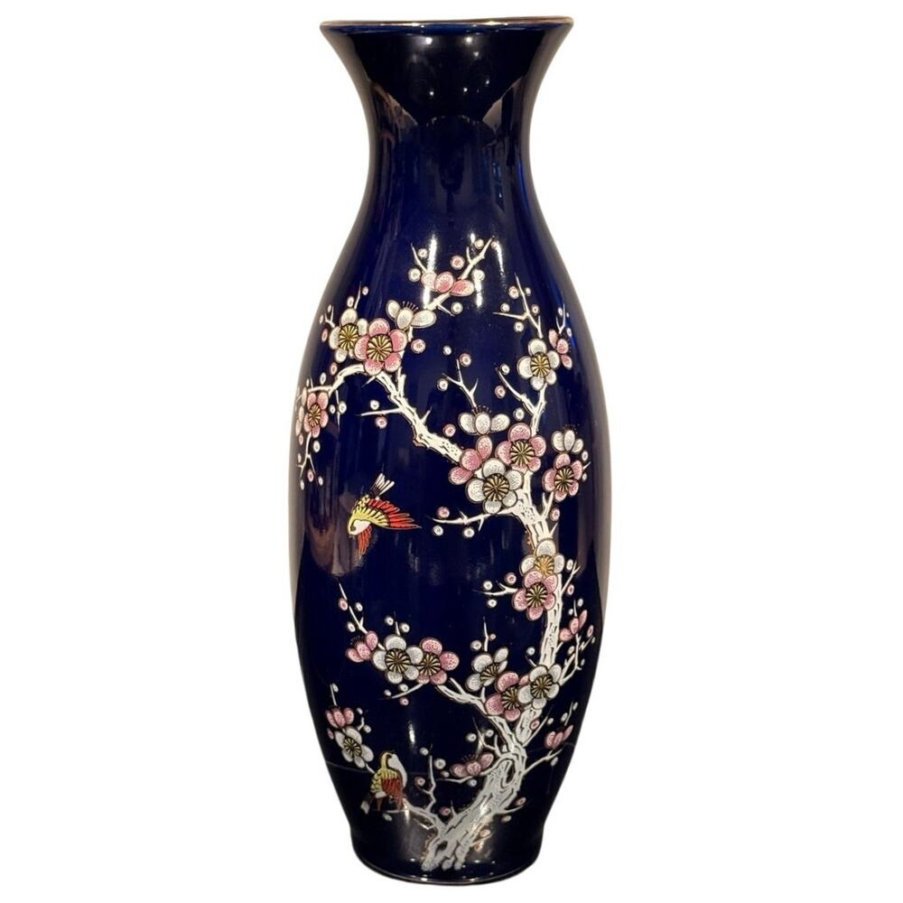 Vintage Bijutsu Toki Japan Cobalt Blue Vase Cherry Blossom Bird Gold Trim 11"